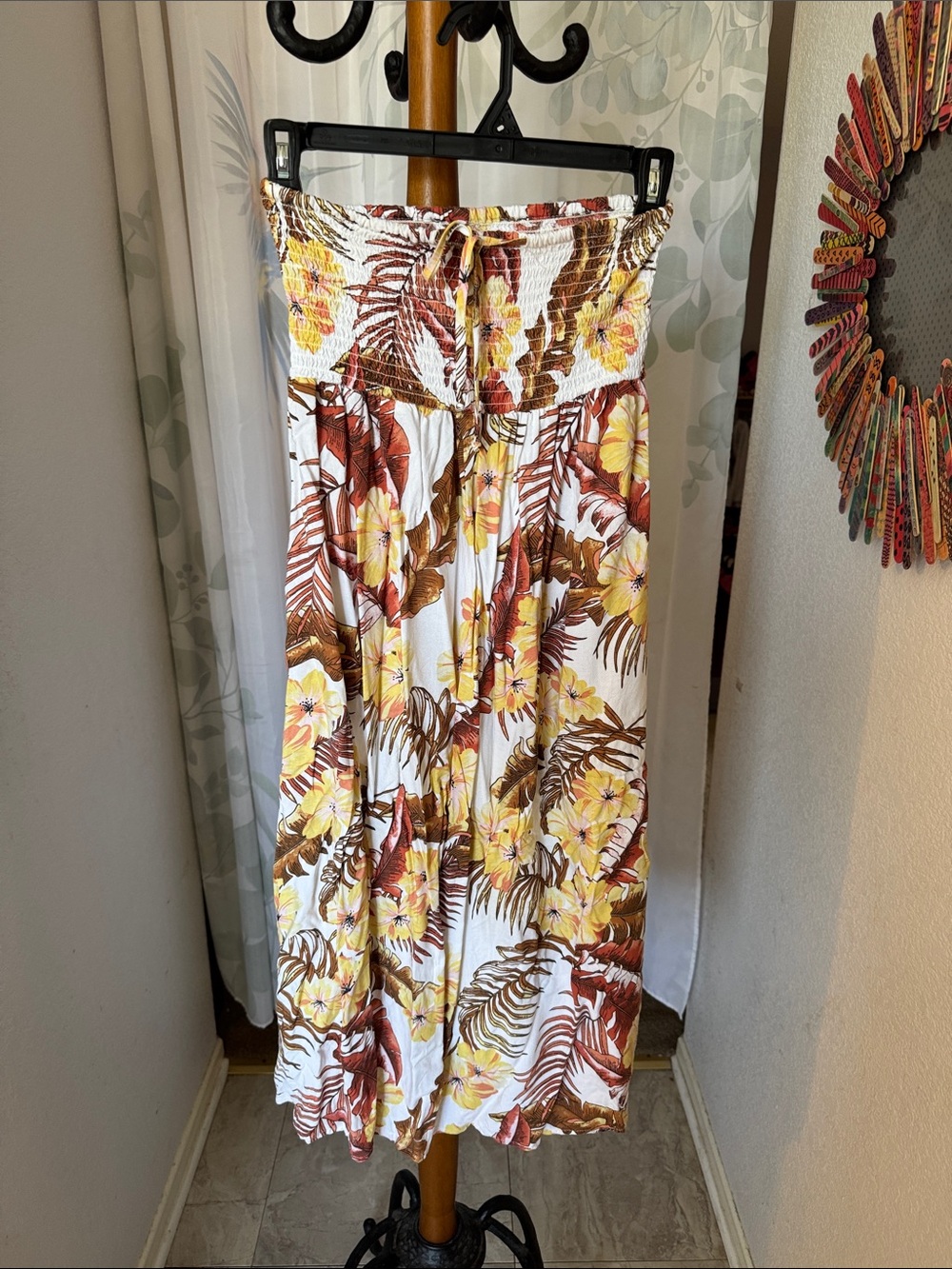 Rip Curl White Midi Skirt with Yellow & Brown Tropical Print